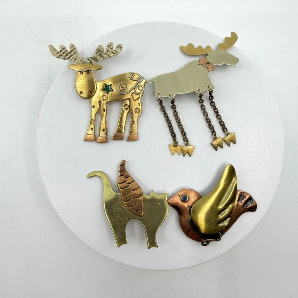 Lot of 4 Brass & Copper Tone Animal Brooch Pin Moose Cat Bird Folk Art Christmas